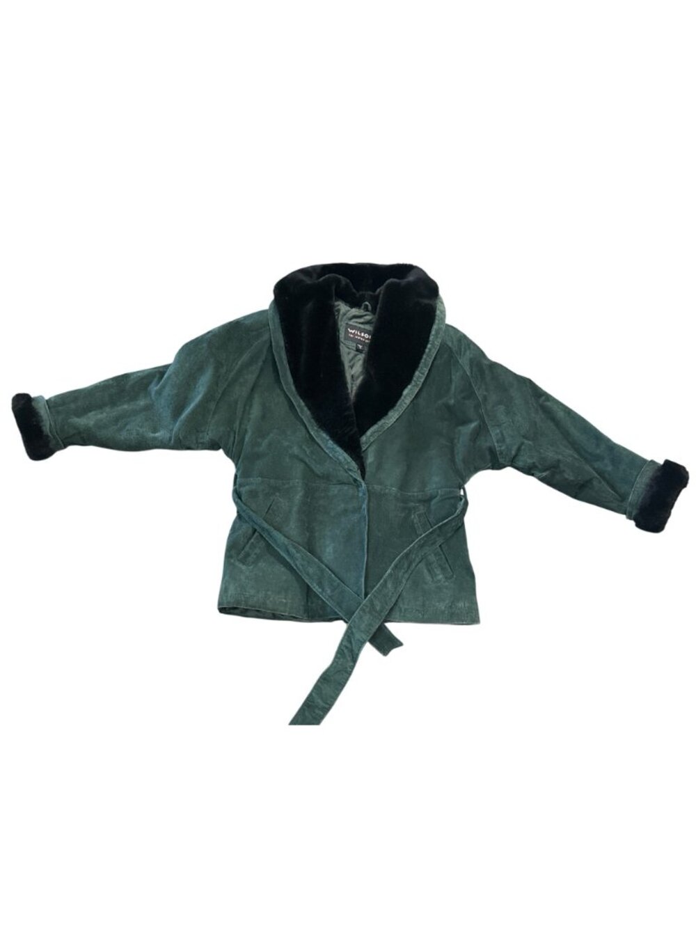 Wilsons Size L Green Suede Leather Faux Fur Shawl Collar Belted Coat Vintage Y2K - Picture 10 of 11